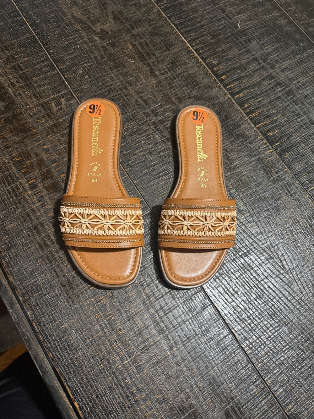Toscanella Tan Braided Strap Slide Sandals - Women